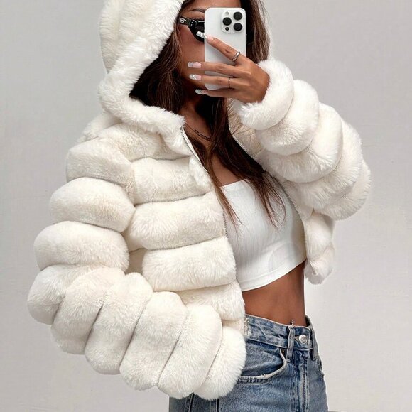 Casual Women's Fluffy faux fur Hooded Cropped Jacket - Picture 4 of 7